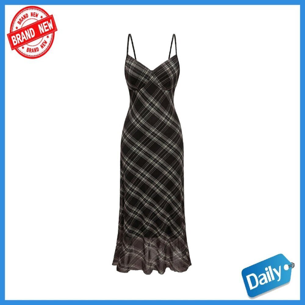 Vintage Plaid Mesh Long Cami Dress Spaghetti Strap Flared Hem